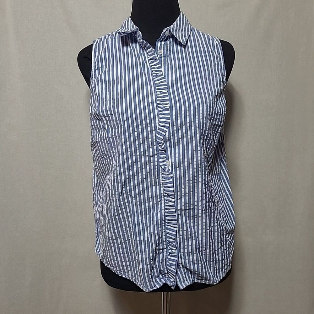 Elle Sleeveless Button Up Top Womens Size Small Blue White Stripe Ruffle